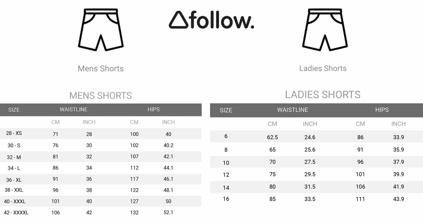 Follow Wake Men's & Women's Boardshort Size Guide