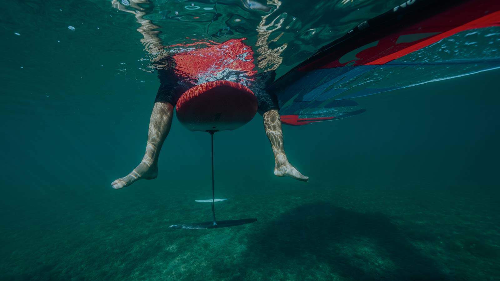 Underwater caption. Bear feet. Foil boarx with hydrofoil wing. 