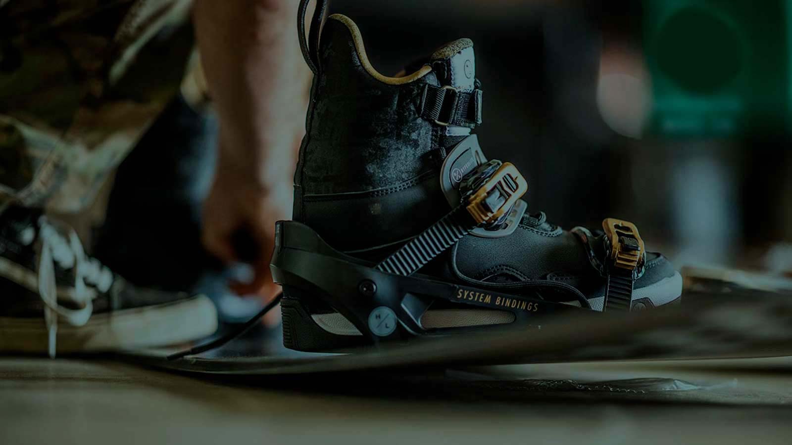 Wakboard boots and bindings. Hypelite System bindings on the dock.