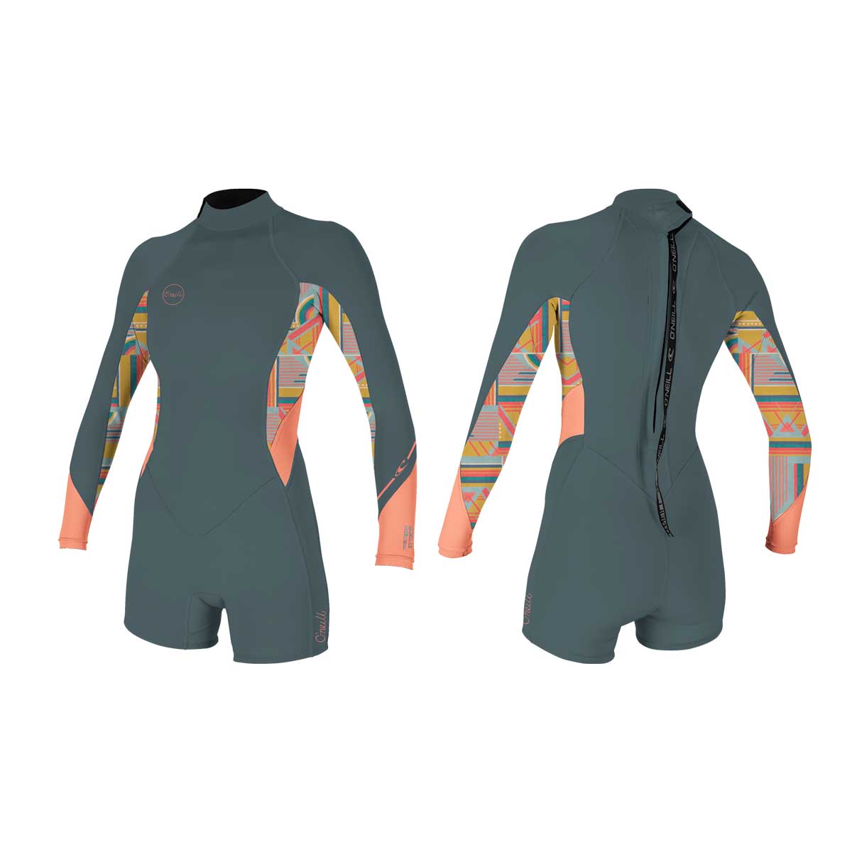 O'Neill Wms Bahia 2/1 Back Zip L/S Spring hidrotērps – Shade/Arta Geo/Burnt Coral IF3