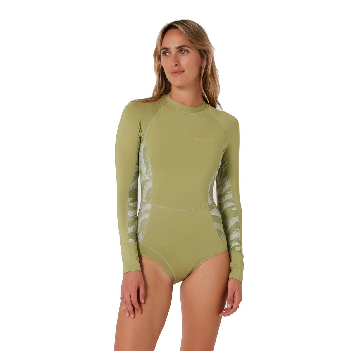 Sērfošanas peldkostīms Ocean & Earth Ladies Oceana L/S Back Zip – olīvju
