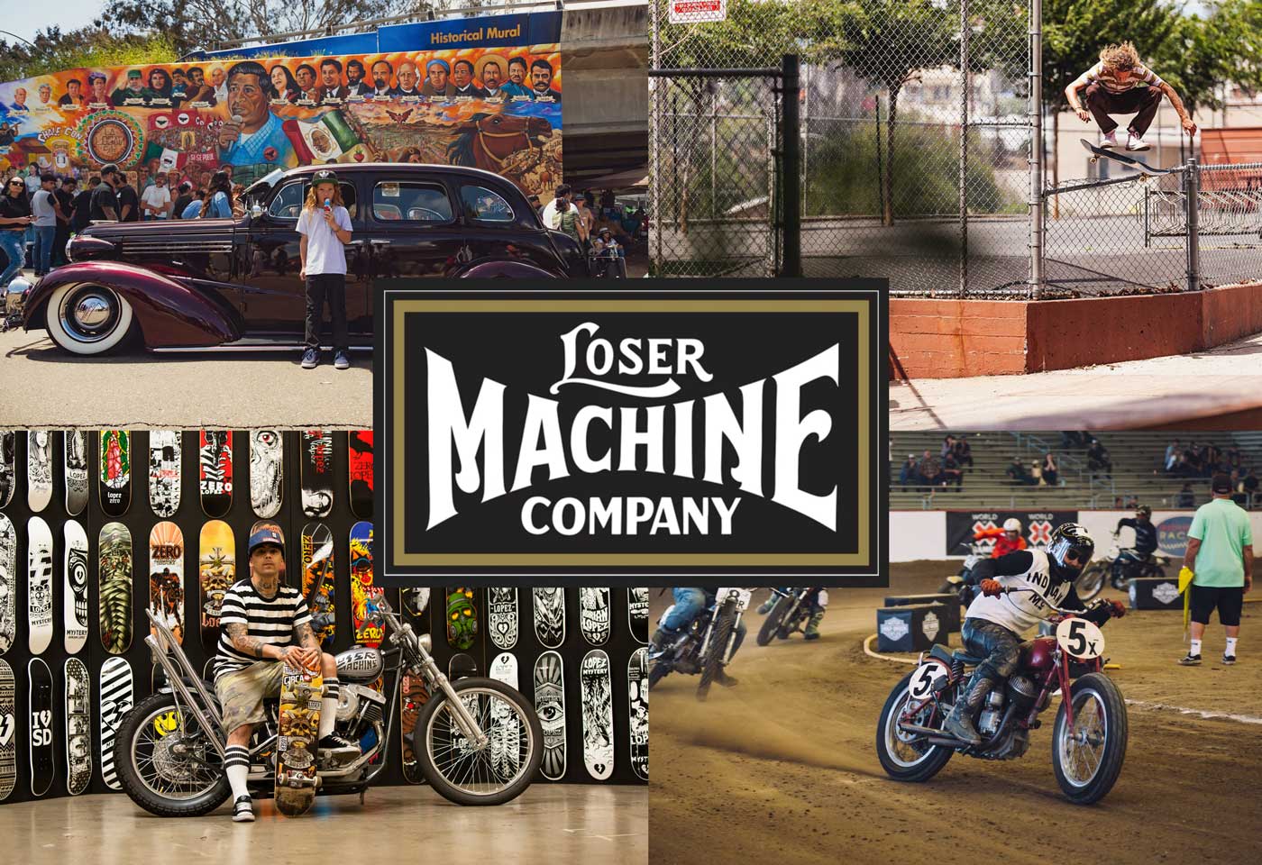 Loser Machine - In Chains We Trust …tīrs rokenrols! Tas ir kā baikeru banda, pāris skeiteru un rokmūzikas grupa, kas apvienojās un radīja zīmol – Loser Machine. Protams, tā gluži nenotika: patiesībā zīmolu 2008. gadā dibināja profesionālais skeitotājs Adrians Lopezs, taču visas trīs šīs subkultūras ir ietekmējušas zīmolu!  Klasisks ielas apģērbs satiekas ar klasisku dizainu un augstu kvalitāti. Loser Machine raksturo sava unikāla, raksturīga estētika.