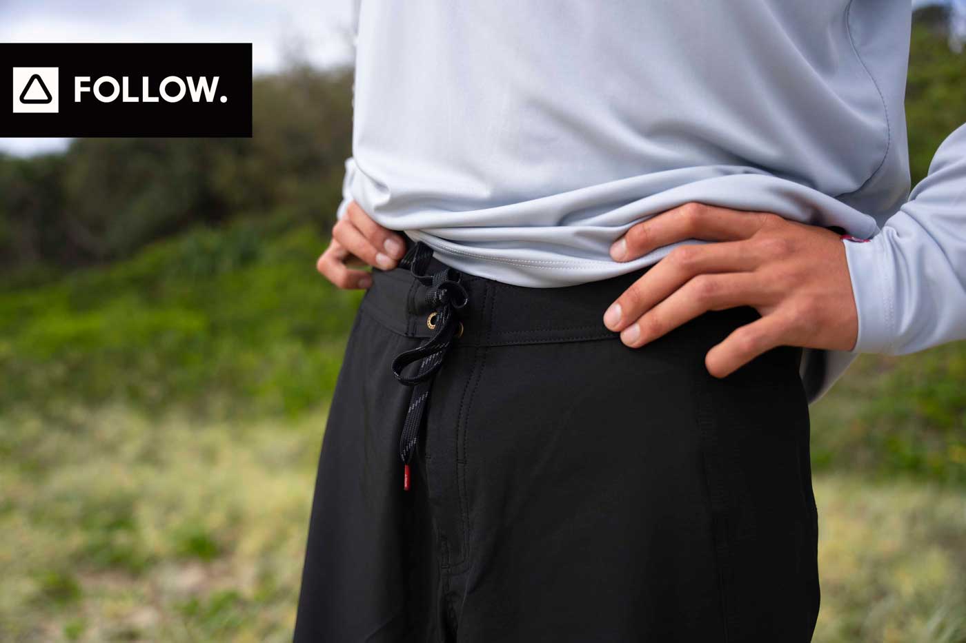 Follow Global Tech Boardie. The best of both Worlds. Soft and light with great stretch so they keep their shape. A fixed waist band for a consistent fit so you don’t lose your shorts in the water. Side panel with loop and hook and loop closure for storage when your on the go. A rear zipper pocket that can fit your phone and wallet while you’re out of the water.