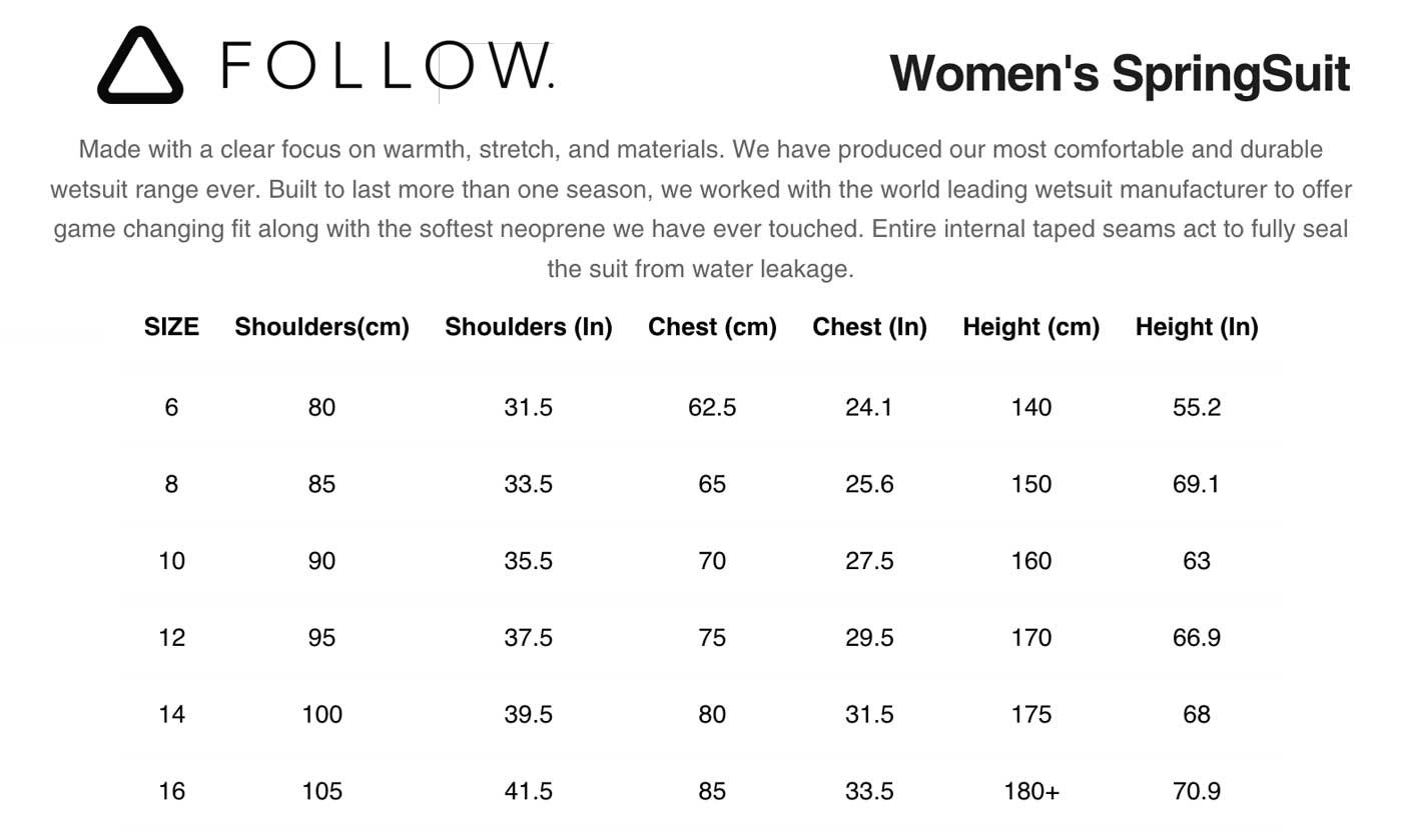 Follow Womens Springsuit Size Chart